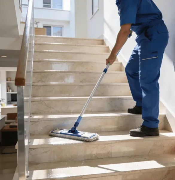 Professionelle Reinigungskraft bei der regelmäßigen Treppenhausreinigung in Günzburg und Ichenhausen – gründliches Wischen von Treppenstufen für dauerhafte Sauberkeit im Treppenhaus